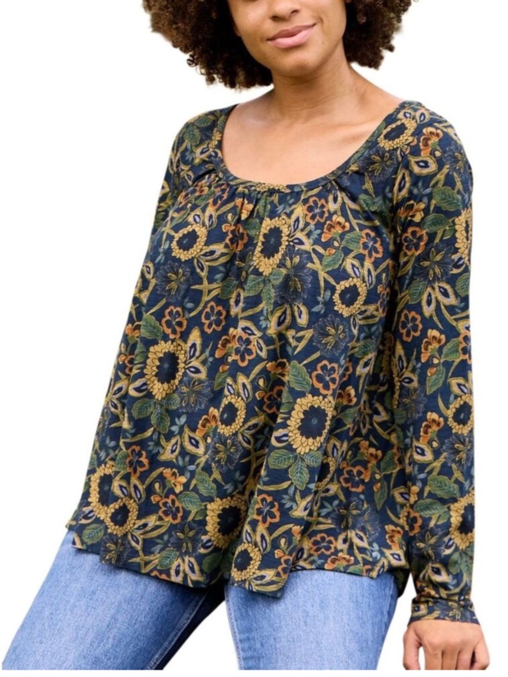 Natural Life Iris Cotton Dahlias Floral Scoop Neck Long-Sleeve Top Size Large